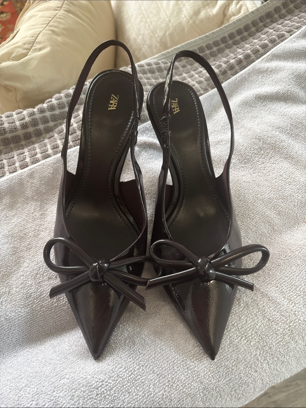 Zara Dark Brown Patent Pointed-Toe Slingback Heels with Bow